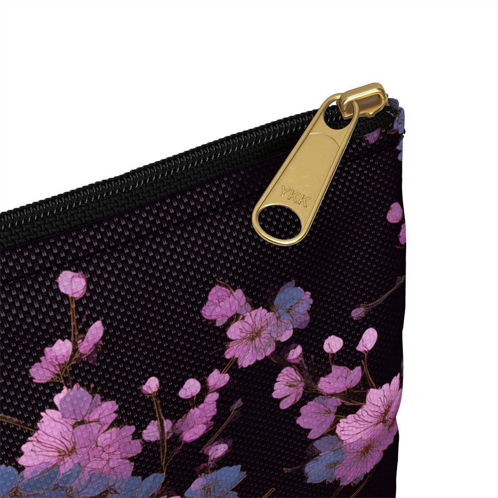 Cherry Blossom Branch Accessory Pouch | Japanese Floral Makeup Bag, Pink Sakura on Black