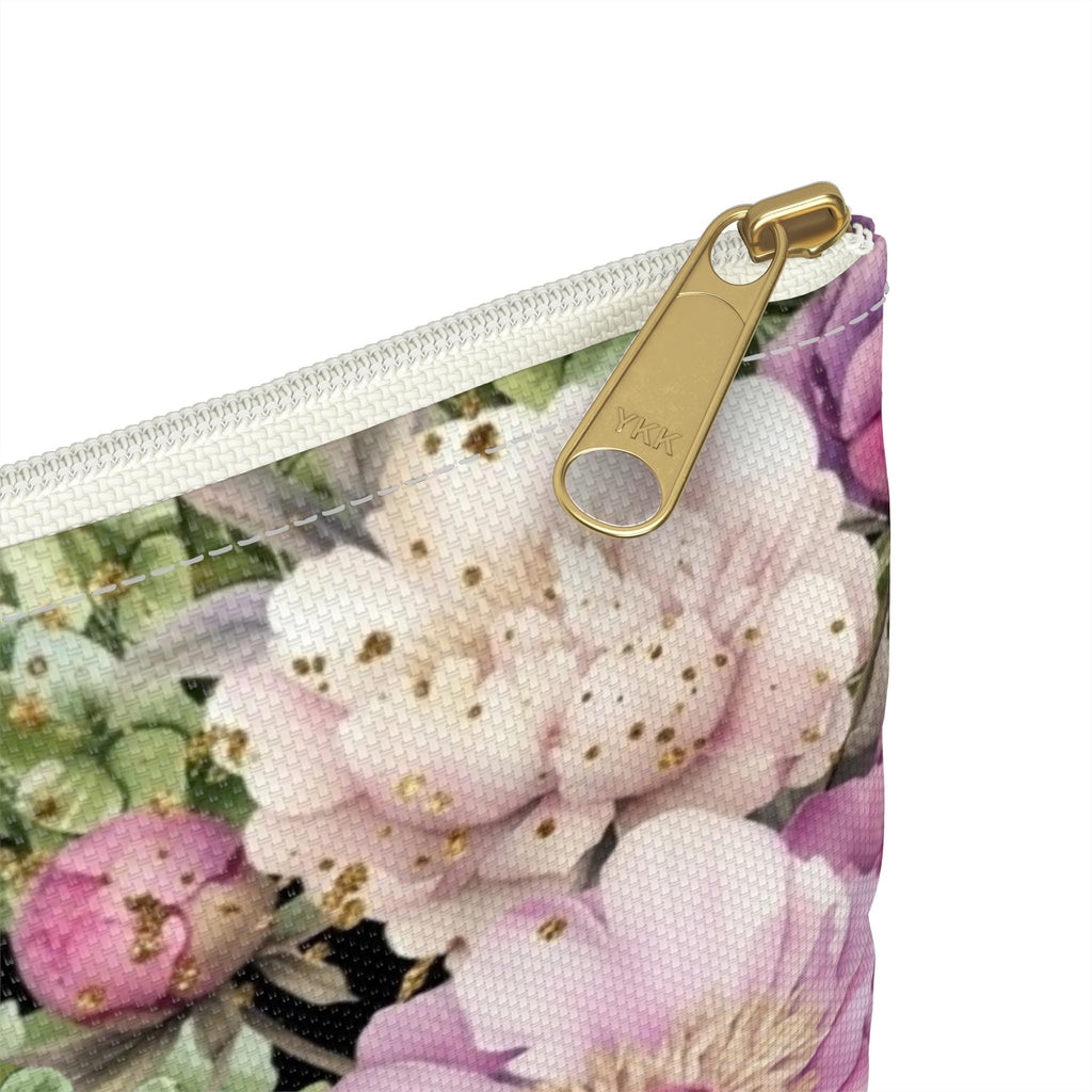 Pink Peonies & Green Hydrangeas Accessory Pouch | Black White Stripes