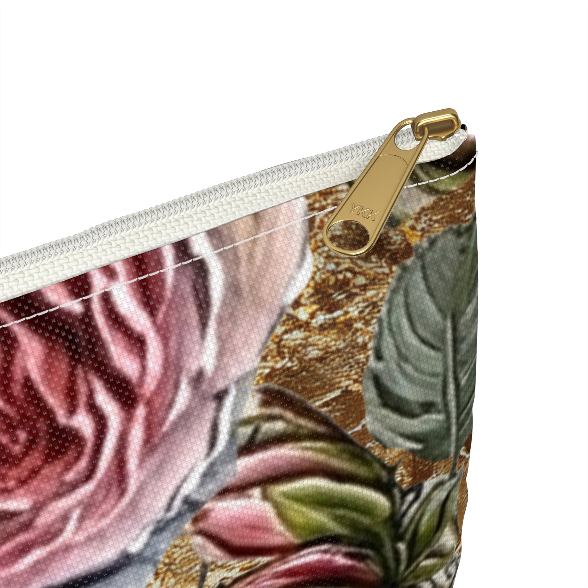 Vintage Pink Roses on Gold Marble Accessory Pouch | Floral Makeup Bag