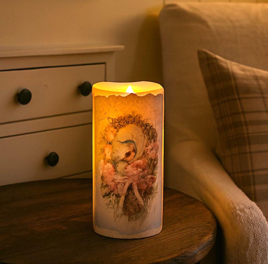 Victorian Bird LED Wax Pillar, Decorated Flameless Candle Centerpiece, Candle Decor