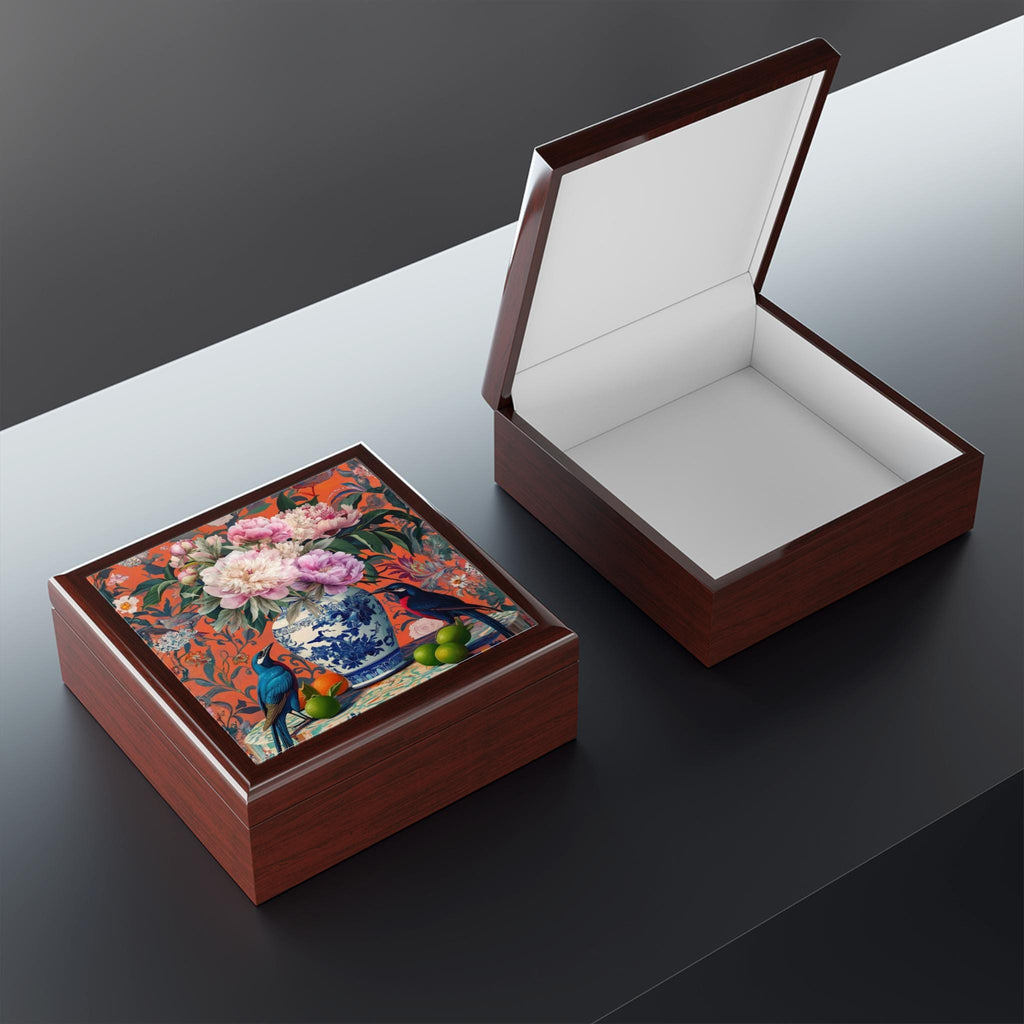 Chinoiserie Garden Jewelry Box, Pink Coral Blue Trinket Case
