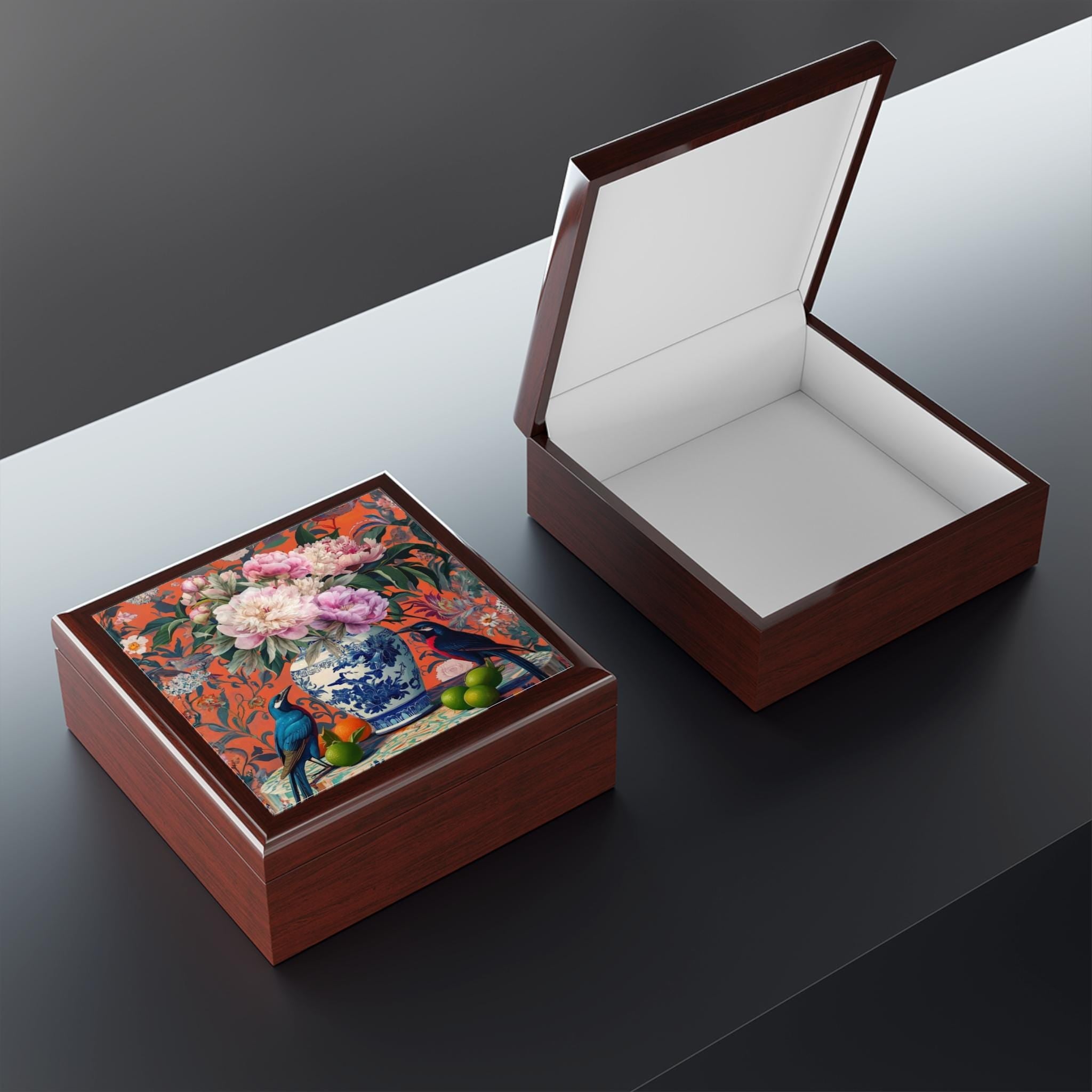 Chinoiserie Garden Jewelry Box, Pink Coral Blue Trinket Case