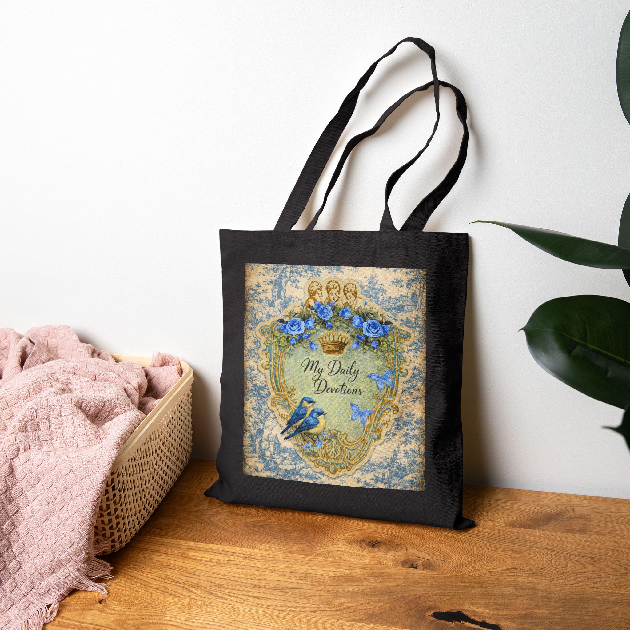 Vintage Blue Roses Heart Shield tote bag | Cotton Canvas Tote