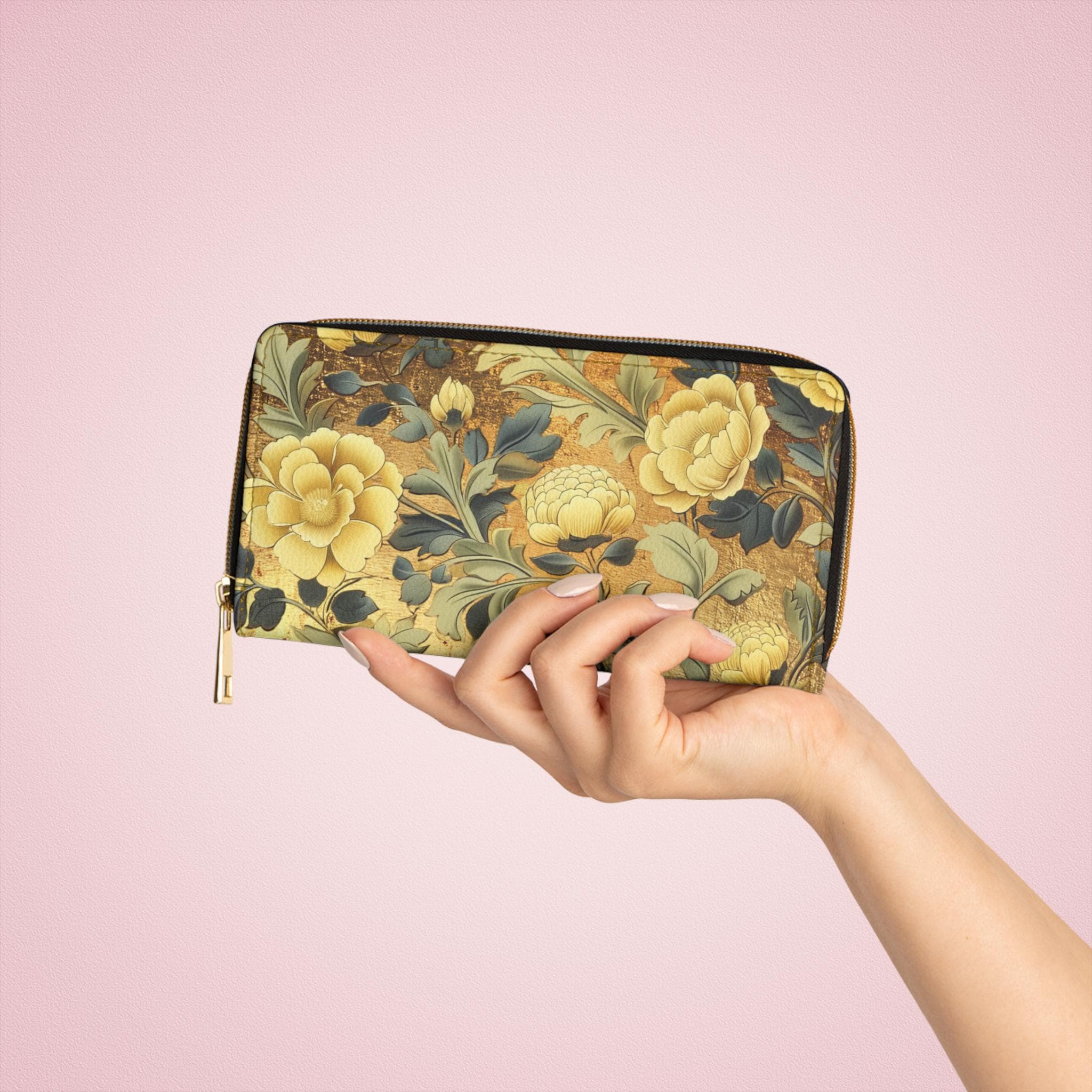 Golden Yellow William Morris Wallet | Floral Zipper Wallet | Botanical Clutch | Cottagecore Gift for Her | Vegan Leather Card Holder