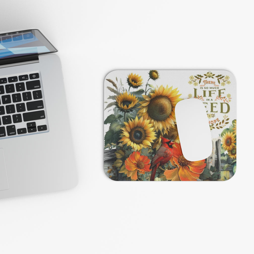 Sunflower & Cardinal Mouse Pad — "There Is So Much Life In A Seed" Inspirational Desk Mat
