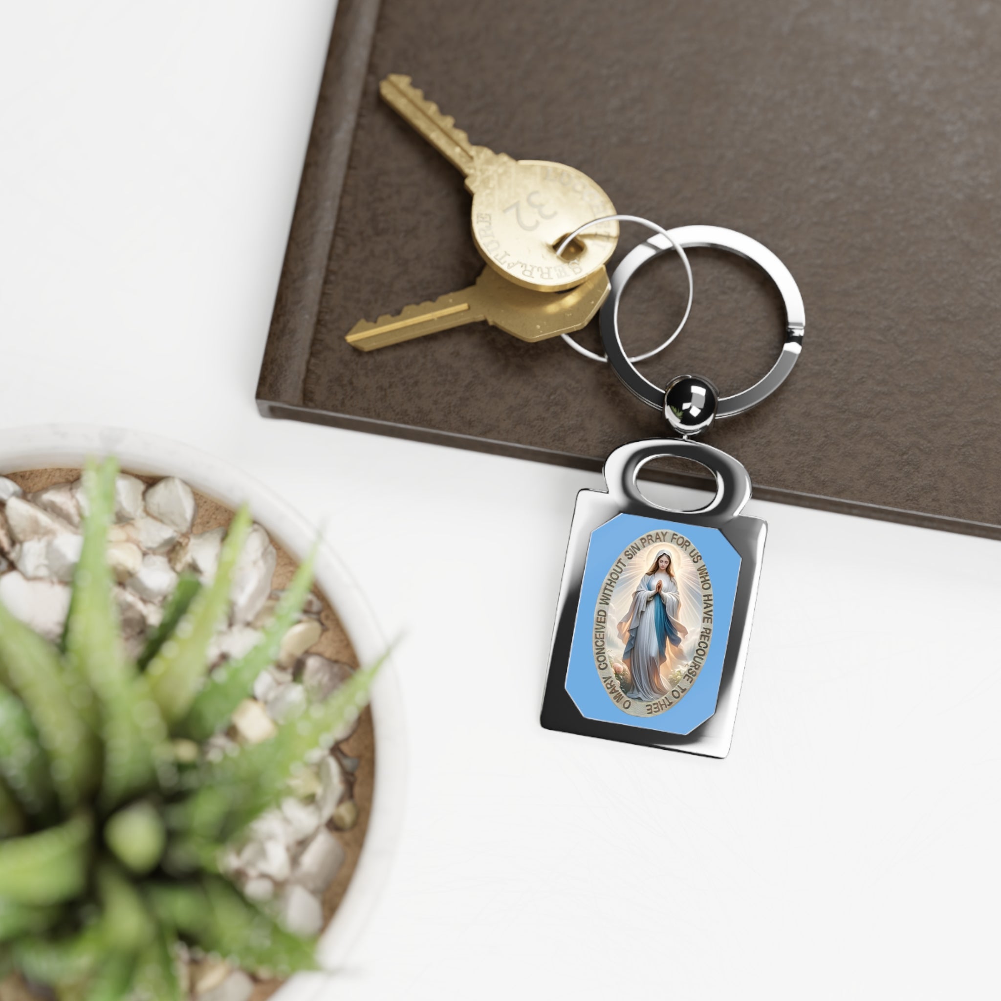 Virgin Mary Medal Rectangle Photo Keyring | Religious Iconography Church Gift Bag Charm