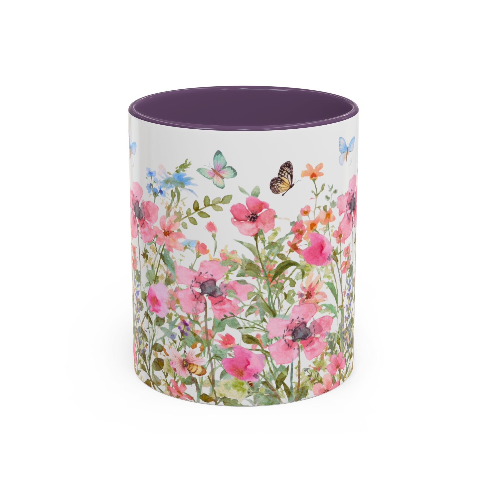 Floral Meadow Accent Coffee Mug — Pink Wildflowers & Butterflies (11oz, 15oz)