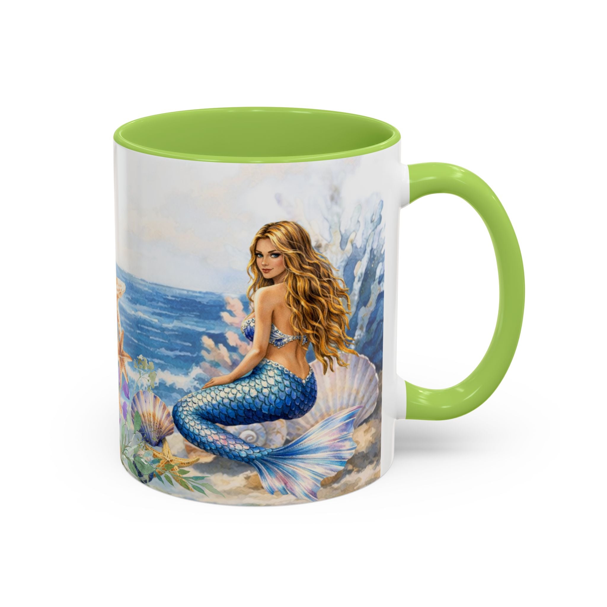 Mermaid Illustration Accent Coffee Mug | Seashells Starfish Ocean Scene
