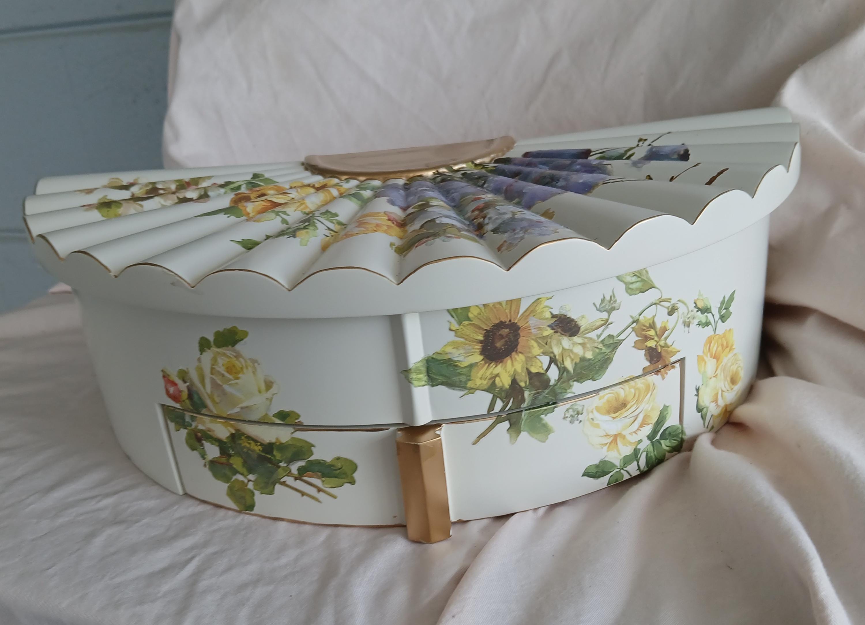 Fan Shaped Jewelry Box | Hand Painted Floral Vanity Organizer with Mirror