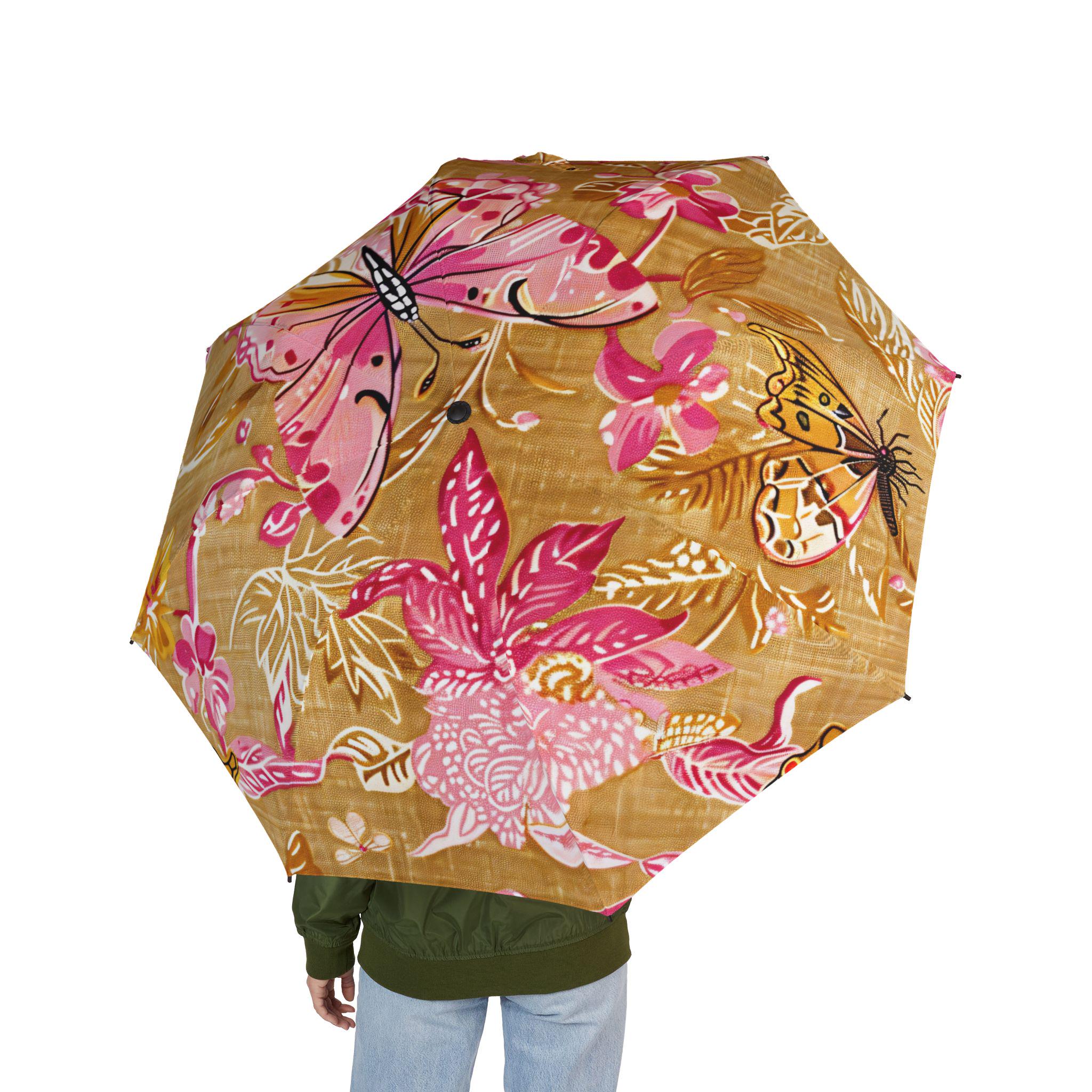 48" Floral Tan Umbrella Large, Windproof Travel Umbrella Vintage Botanical Rain Parasol Lightweight Folding Rain Accessory