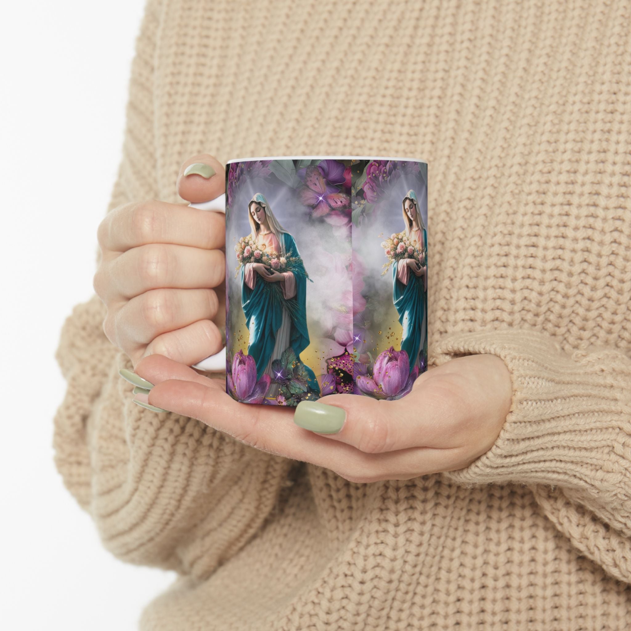 Virgin Mary Bouquet Mug | Religious Floral Coffee Cup