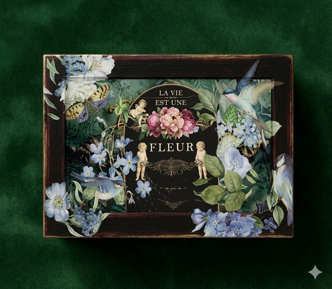 Decorated Mahogany Jewelry Box • Vintage Botanical Decoupage Keepsake Chest