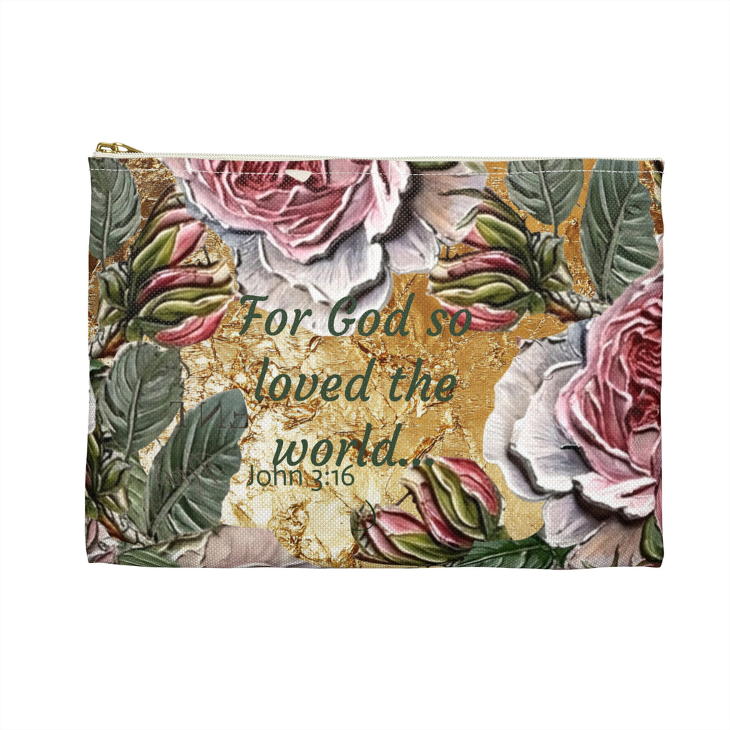 Vintage Pink Roses on Gold Marble Accessory Pouch | Floral Makeup Bag
