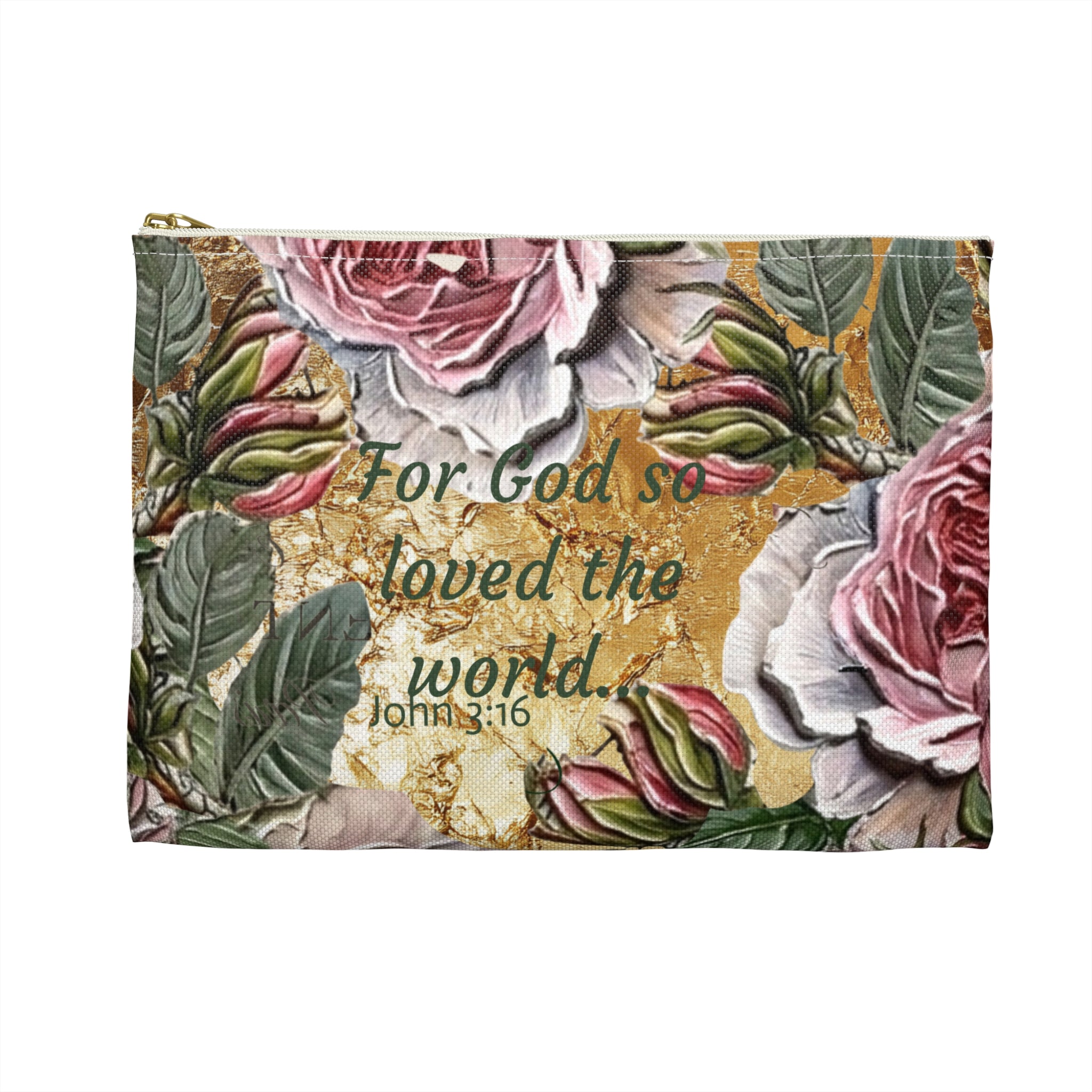 Vintage Pink Roses on Gold Marble Accessory Pouch | Floral Makeup Bag