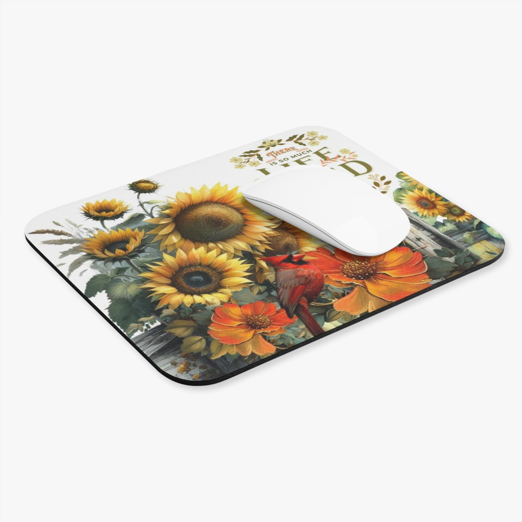 Sunflower & Cardinal Mouse Pad — "There Is So Much Life In A Seed" Inspirational Desk Mat