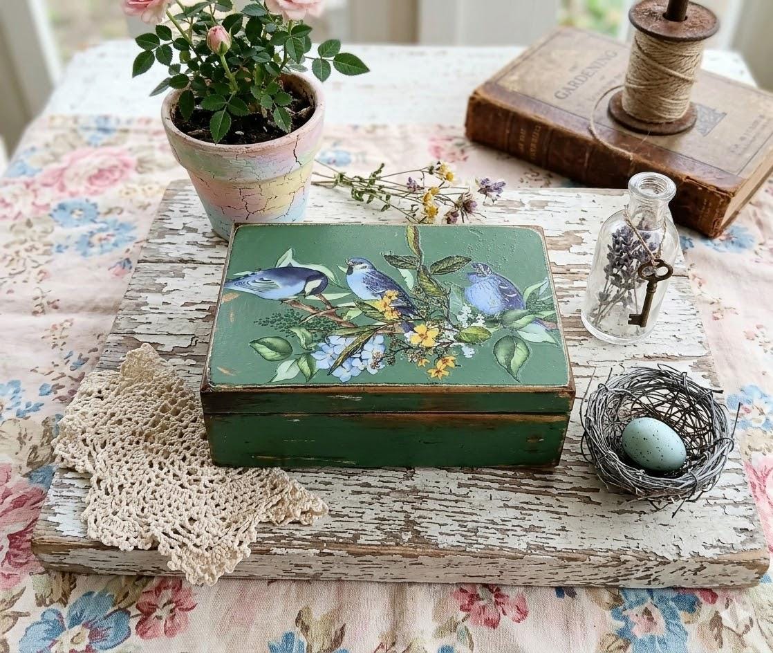 Victorian Bluebirds Bird Jewelry Box • Small Trinket Box Vintage Renewed Keepsake Chest