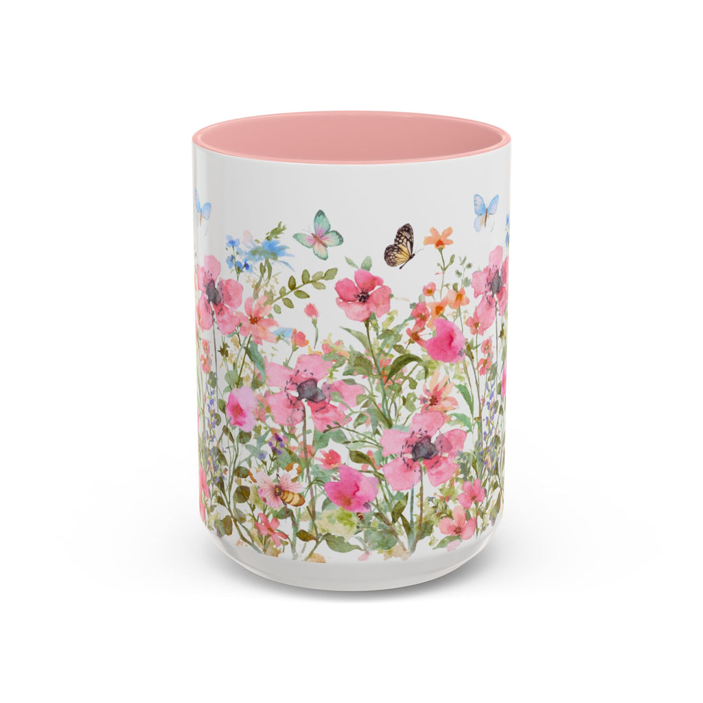 Floral Meadow Accent Coffee Mug — Pink Wildflowers & Butterflies (11oz, 15oz)