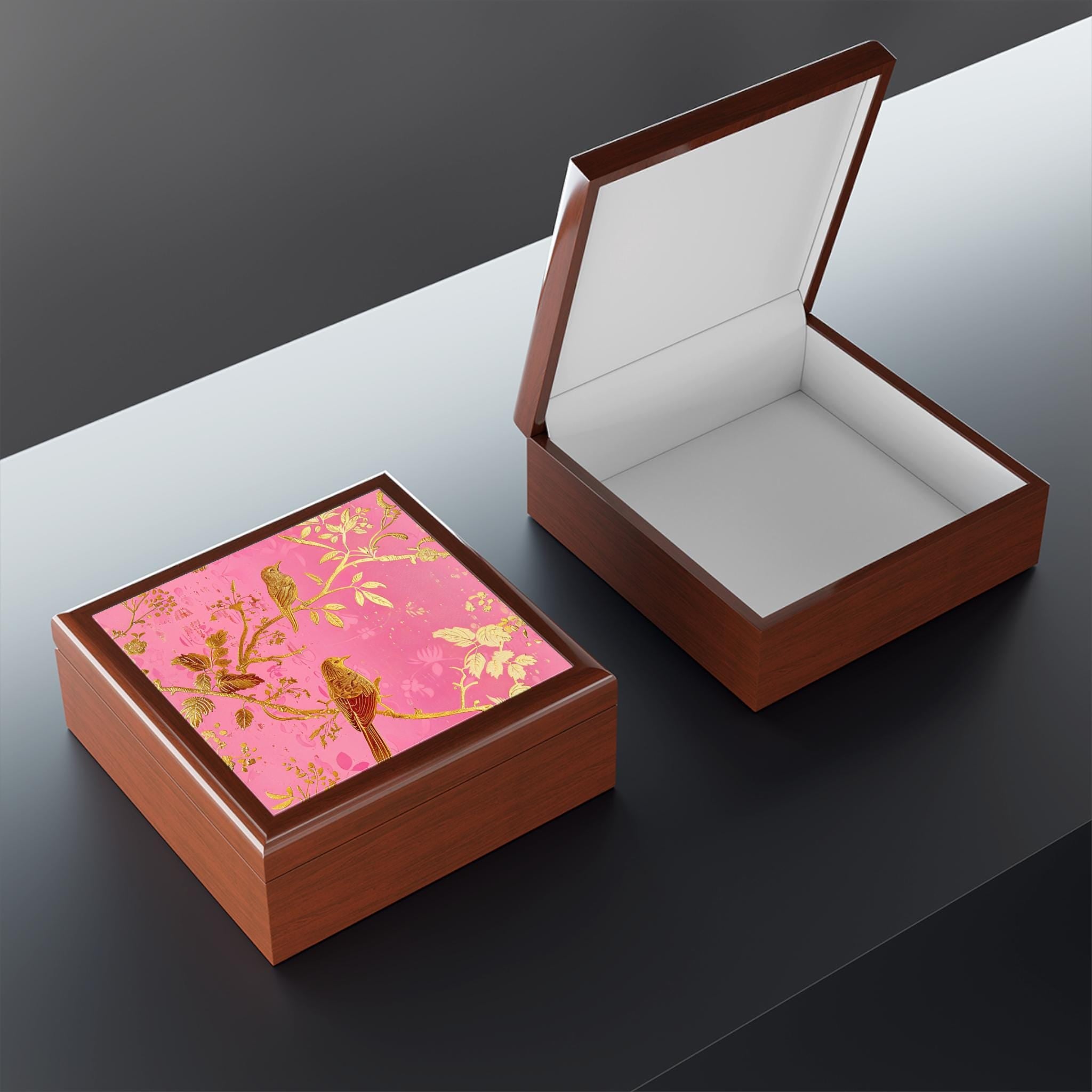 Gold Bird Branch floral jewelry box | pink lacquer keepsake