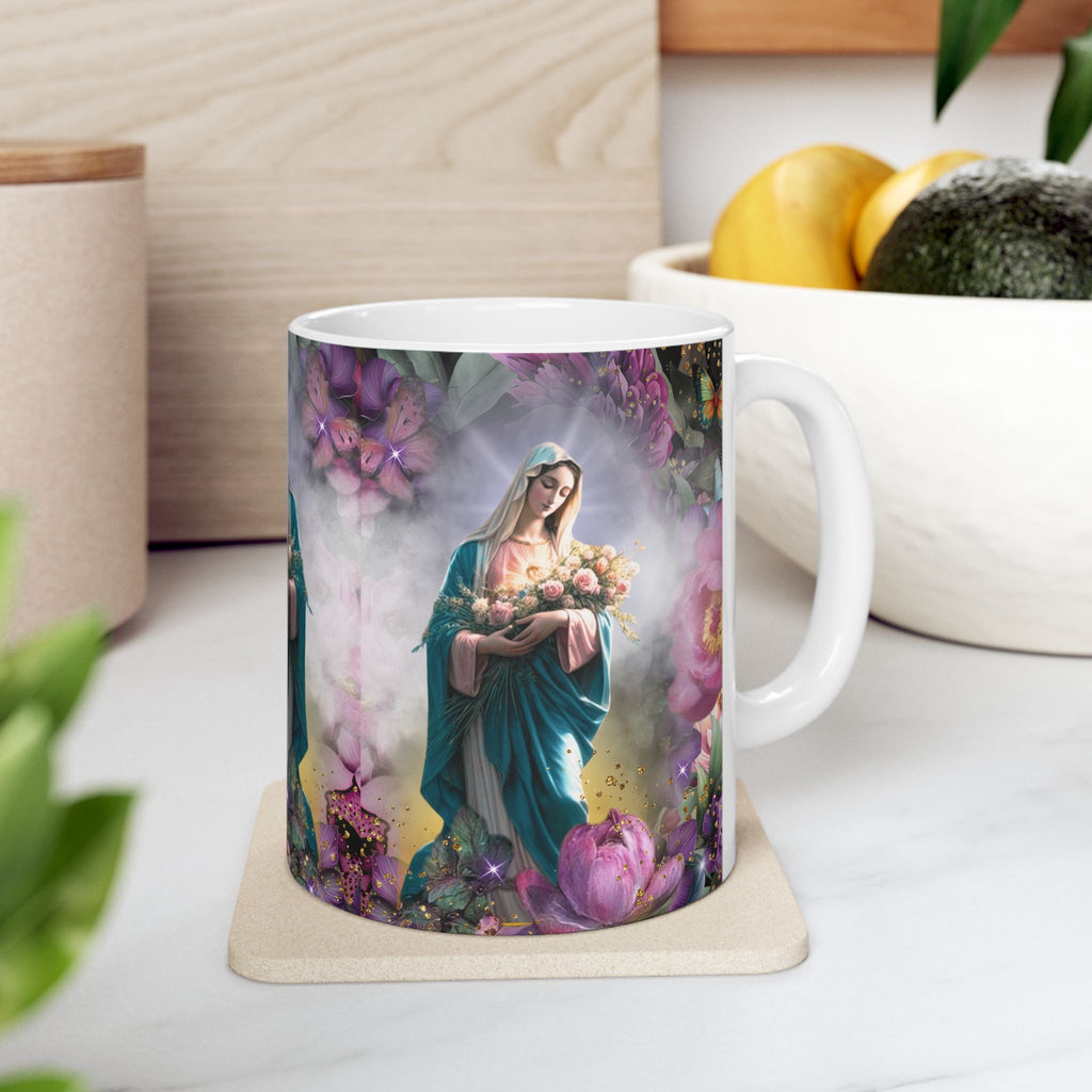 Virgin Mary Bouquet Mug | Religious Floral Coffee Cup