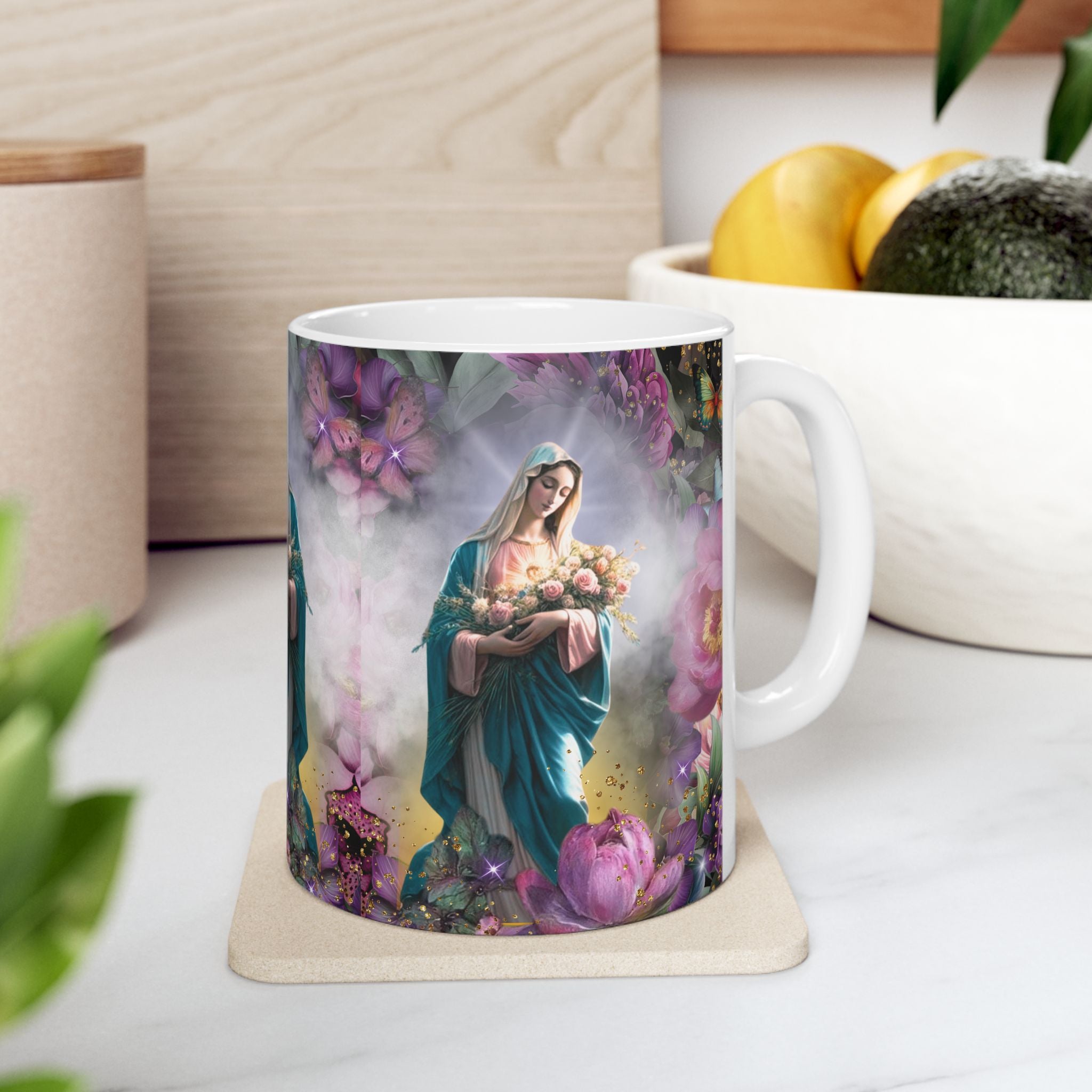 Virgin Mary Bouquet Mug | Religious Floral Coffee Cup