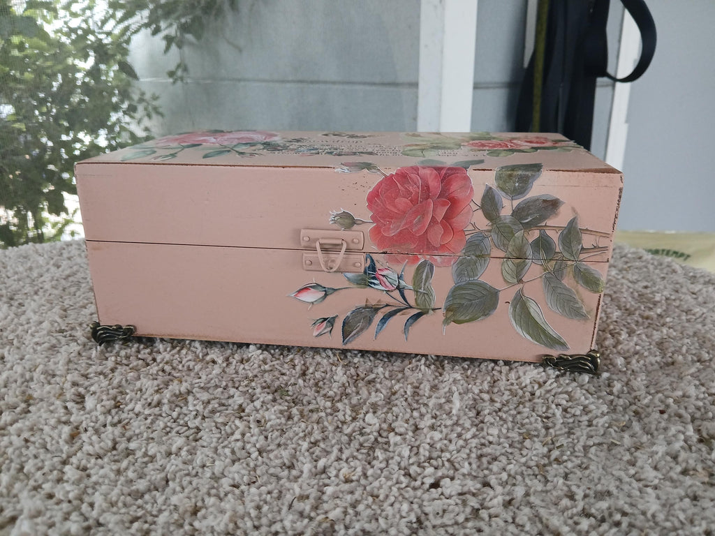 Refurbished Velvet Lined Tea Caddy, Pink Floral Wood Box