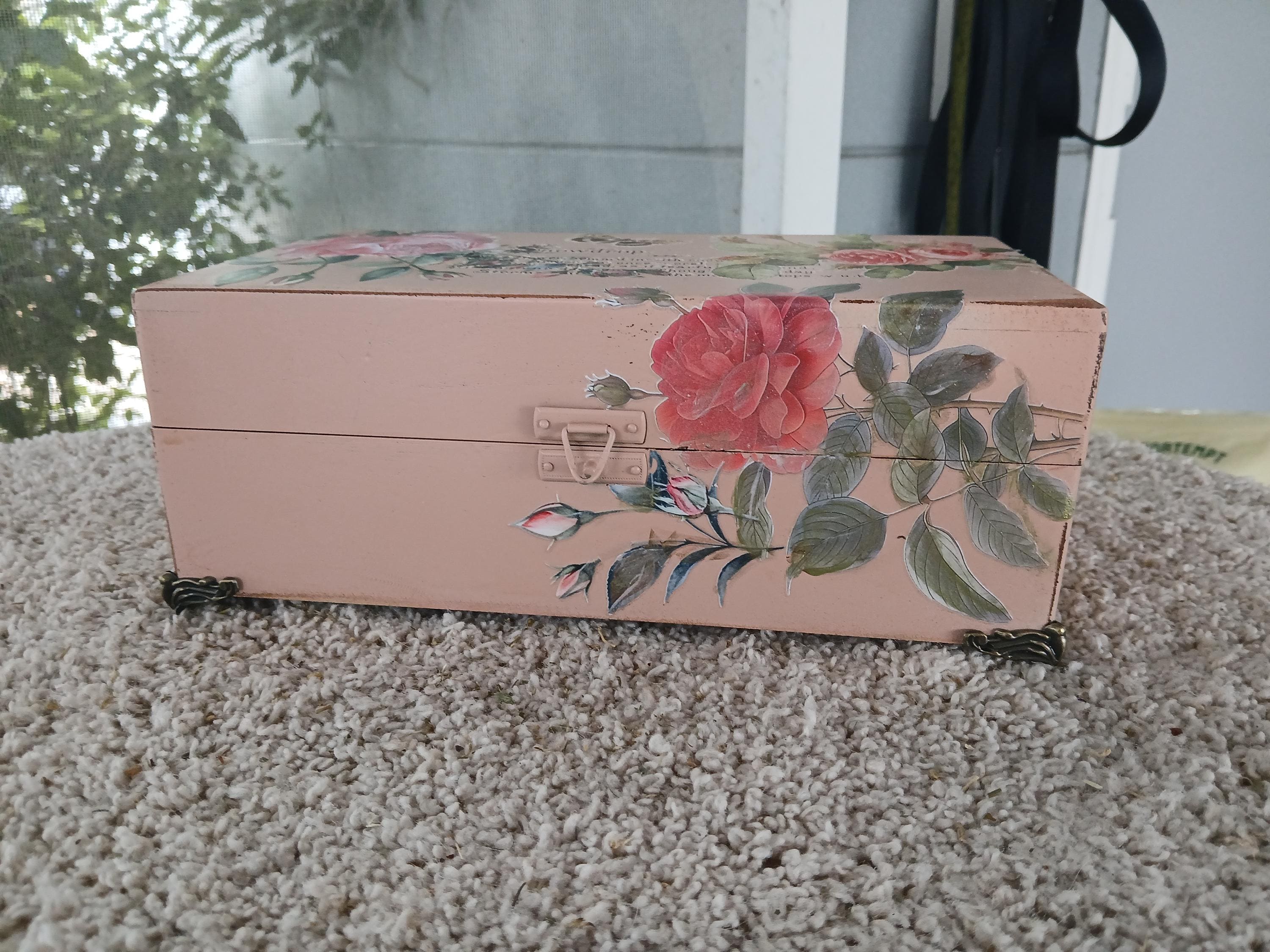 Refurbished Velvet Lined Tea Caddy, Pink Floral Wood Box