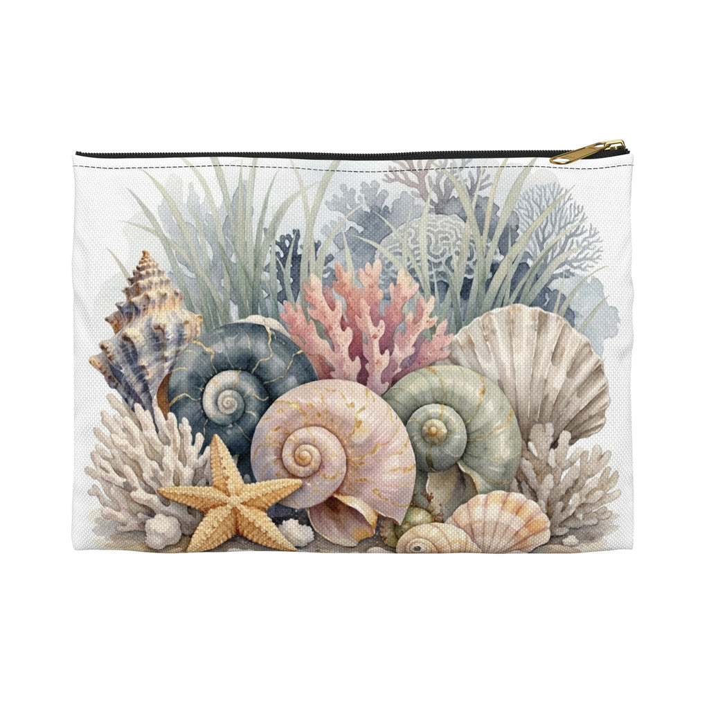 Sea Shell Collage Accessory Pouch | Beach Shell Print Coin Purse | Coastal Beach Toiletry Bag