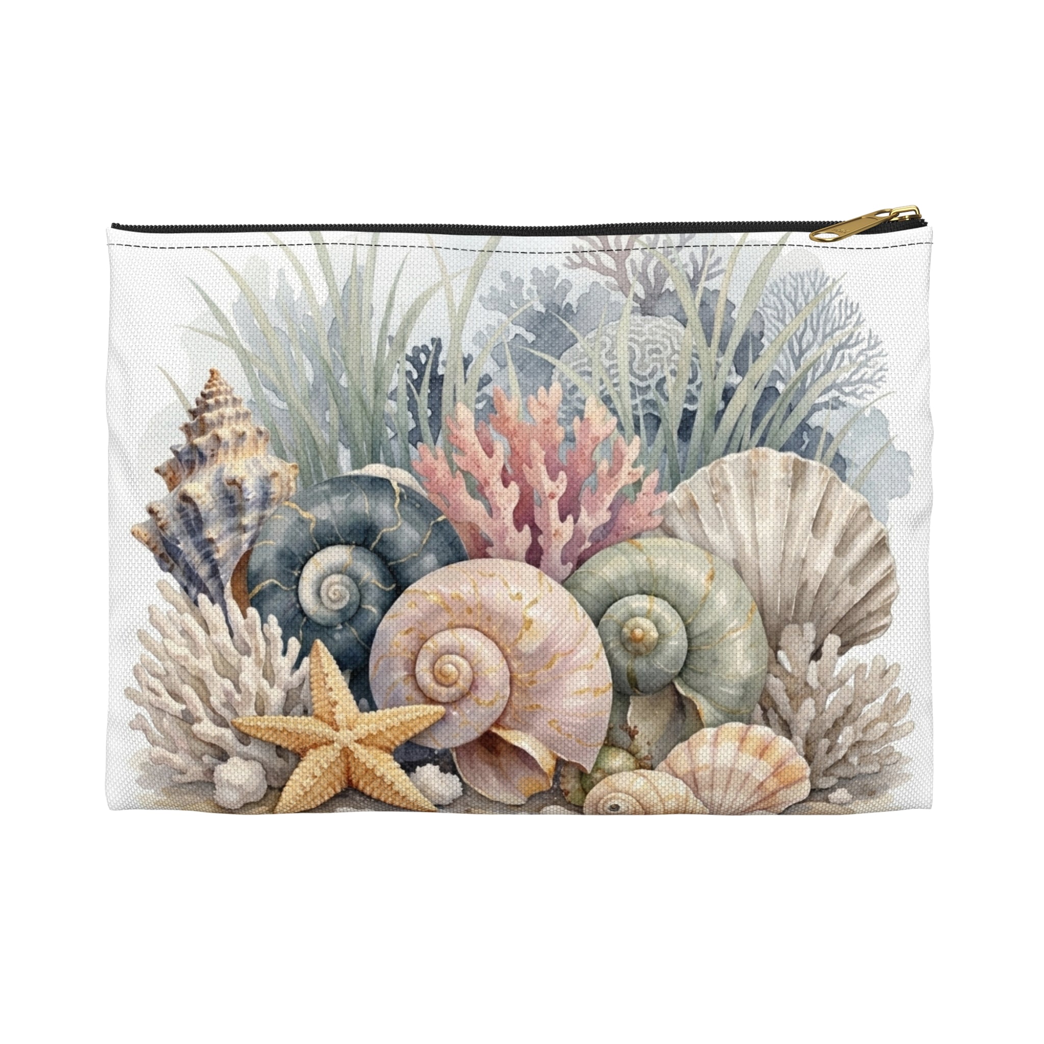 Sea Shell Collage Accessory Pouch | Beach Shell Print Coin Purse | Coastal Beach Toiletry Bag