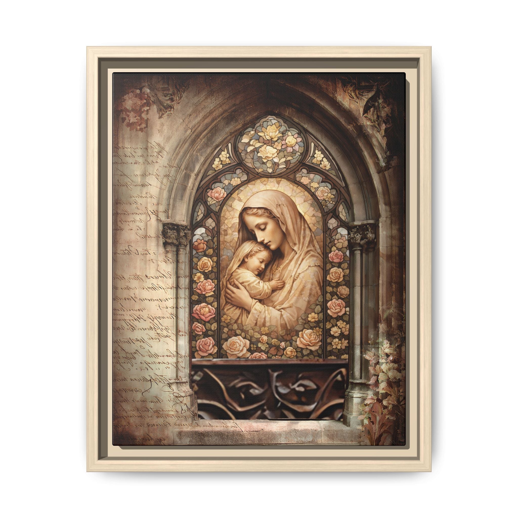 Gothic Window Madonna and Child Stained Glass Print Matte Canvas, Framed
