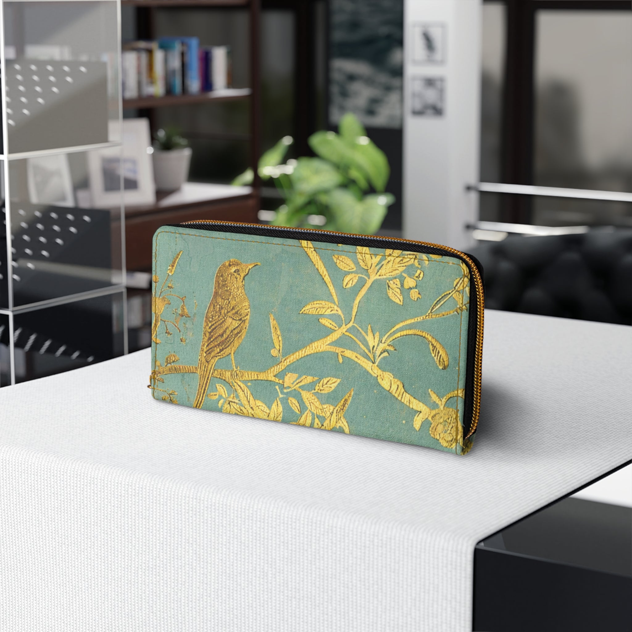 Gold Bird Branch print Zipper Wallet | Teal Botanical Pattern