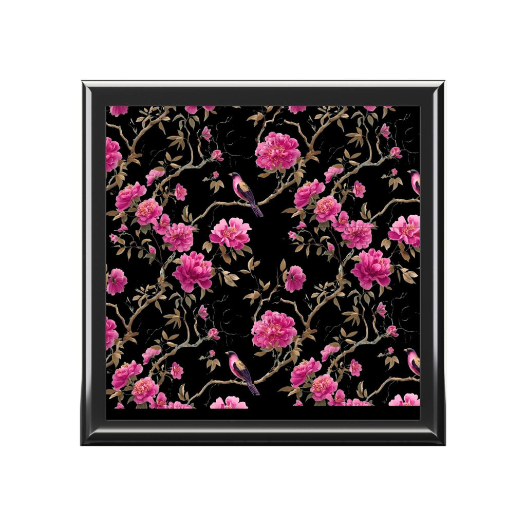 Vining Peony Ceramic top Jewelry Box | Black Lacquer Trinket Case