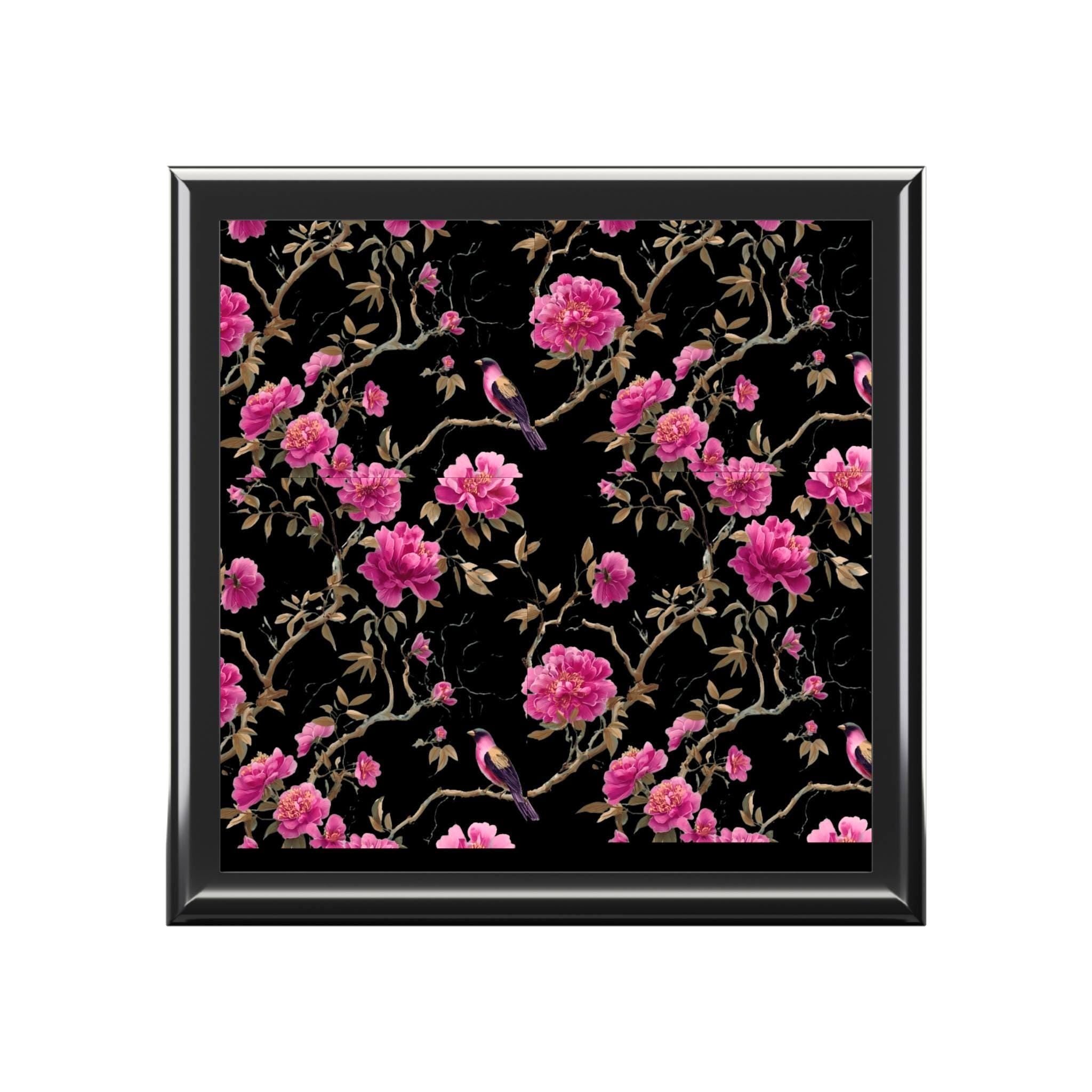 Vining Peony Ceramic top Jewelry Box | Black Lacquer Trinket Case