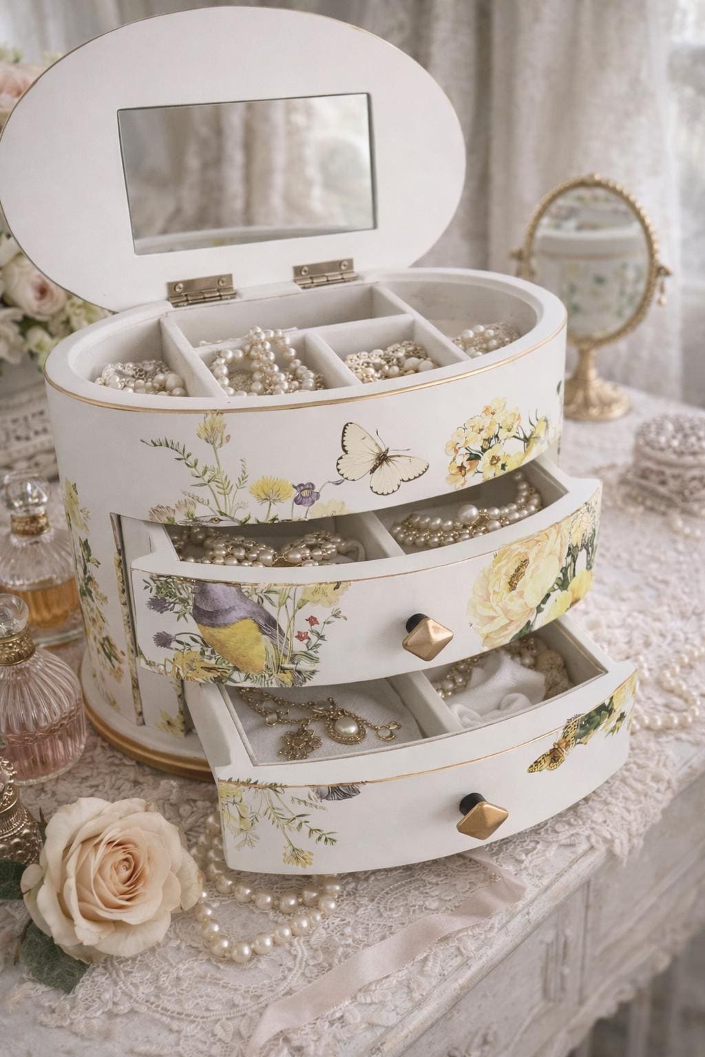 Wildflowers & Birds Oval Jewelry Box  Keepsake Treasure Chest |  Tiered Medium Jewelry Storage