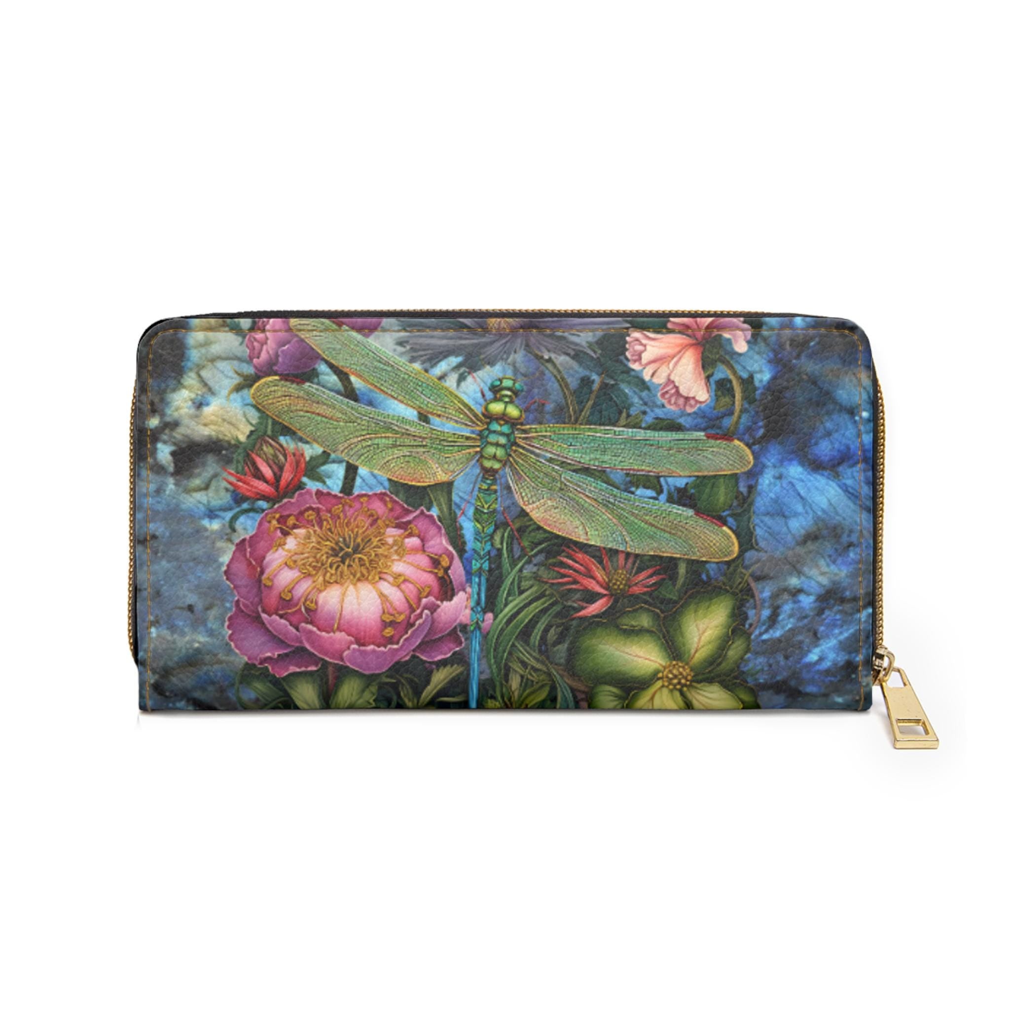 Dragonfly Print Zipper Wallet Clutch | Floral PU Leather Organizer