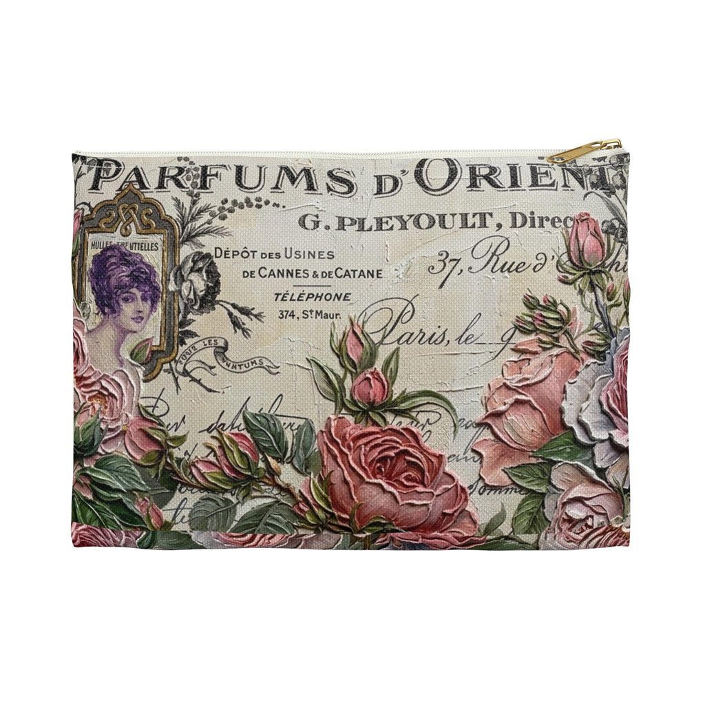 Vintage Roses Perfume Label Accessory Pouch | Floral Cosmetic Bag