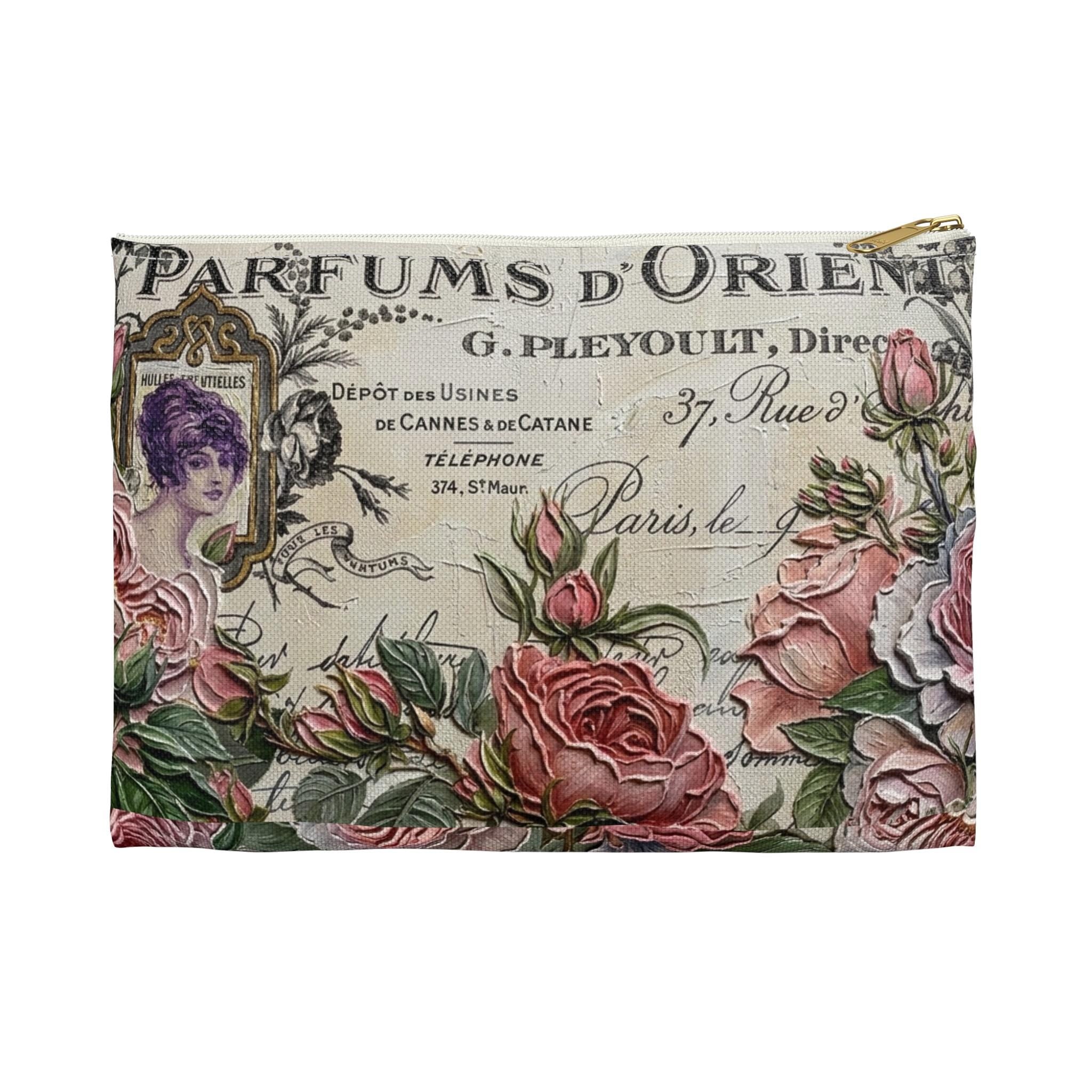 Vintage Roses Perfume Label Accessory Pouch | Floral Cosmetic Bag