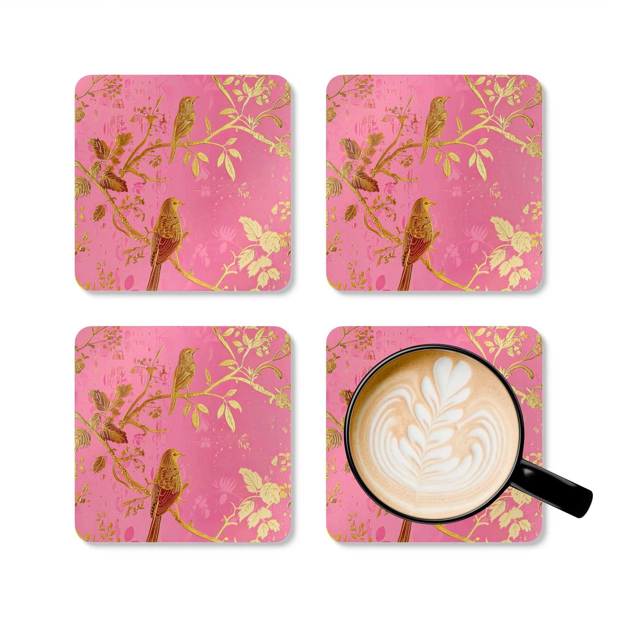 Gold Bird Branches Cork Coaster Set | Pink Floral Vintage Style