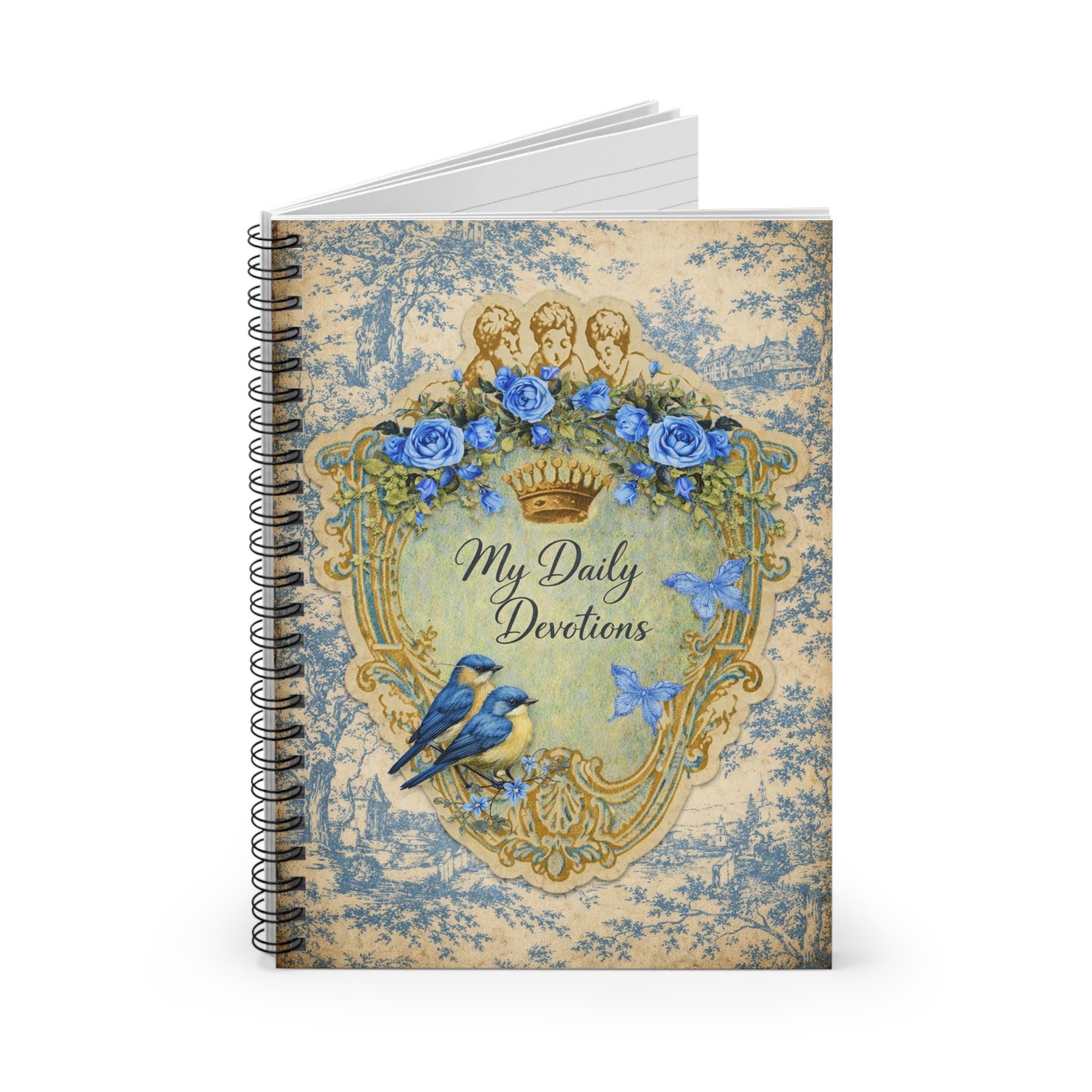 My Daily Devotions Blue Toile Spiral Notebook | Blue Birds Floral Crown Journal