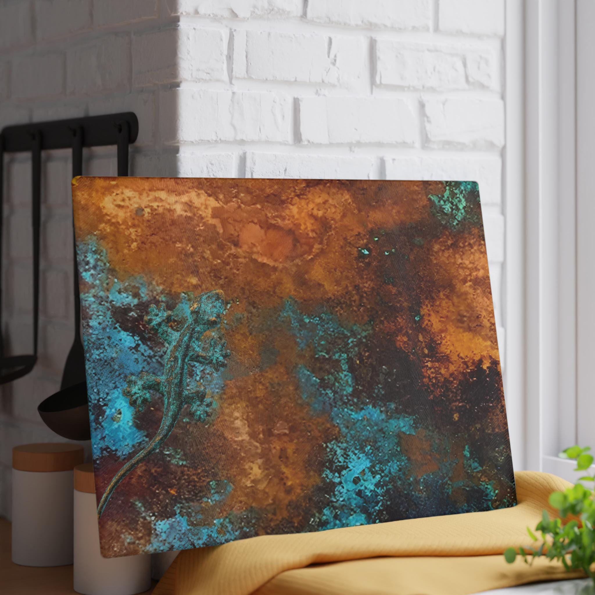 Glass Cutting Board: Copper Camouflage Salamander, Verdigris Patina Kitchen Decor