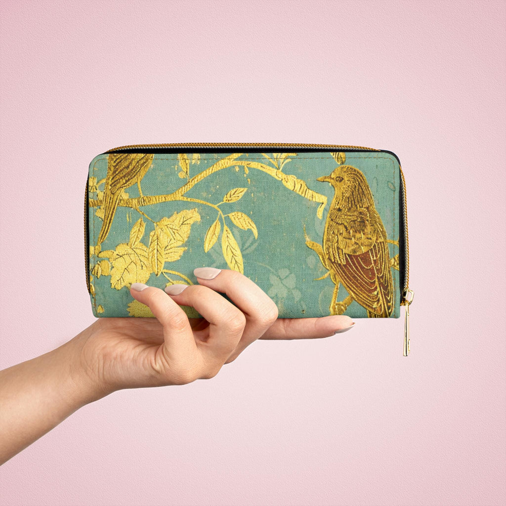 Gold Bird Branch print Zipper Wallet | Teal Botanical Pattern
