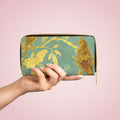Gold Bird Branch print Zipper Wallet | Teal Botanical Pattern