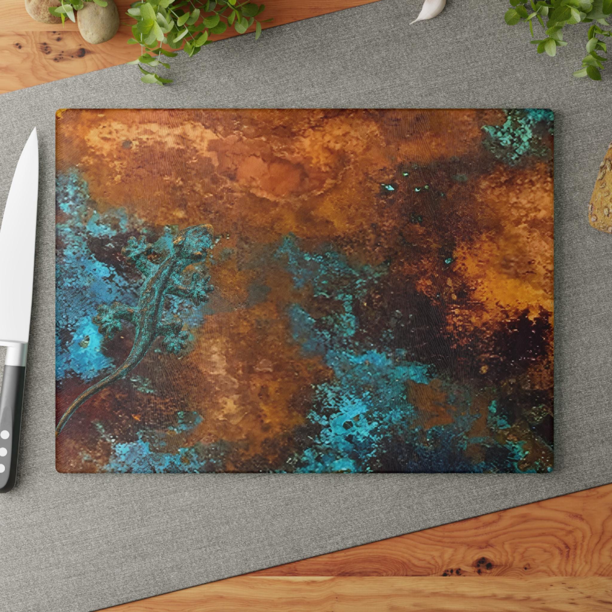 Glass Cutting Board: Copper Camouflage Salamander, Verdigris Patina Kitchen Decor