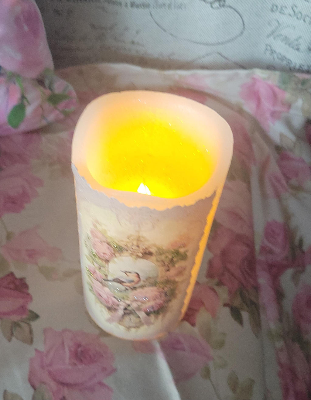 Victorian Bird LED Wax Pillar, Decorated Flameless Candle Centerpiece, Candle Decor