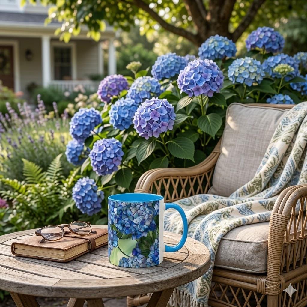 Blue Hydrangea Floral Mug | 11oz 15oz Ceramic Coffee Cup