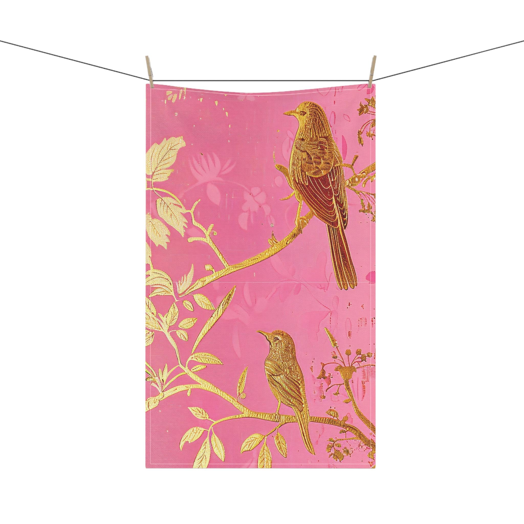 Golden Floral Vine Tea Towel | Pink Botanical Kitchen Towel