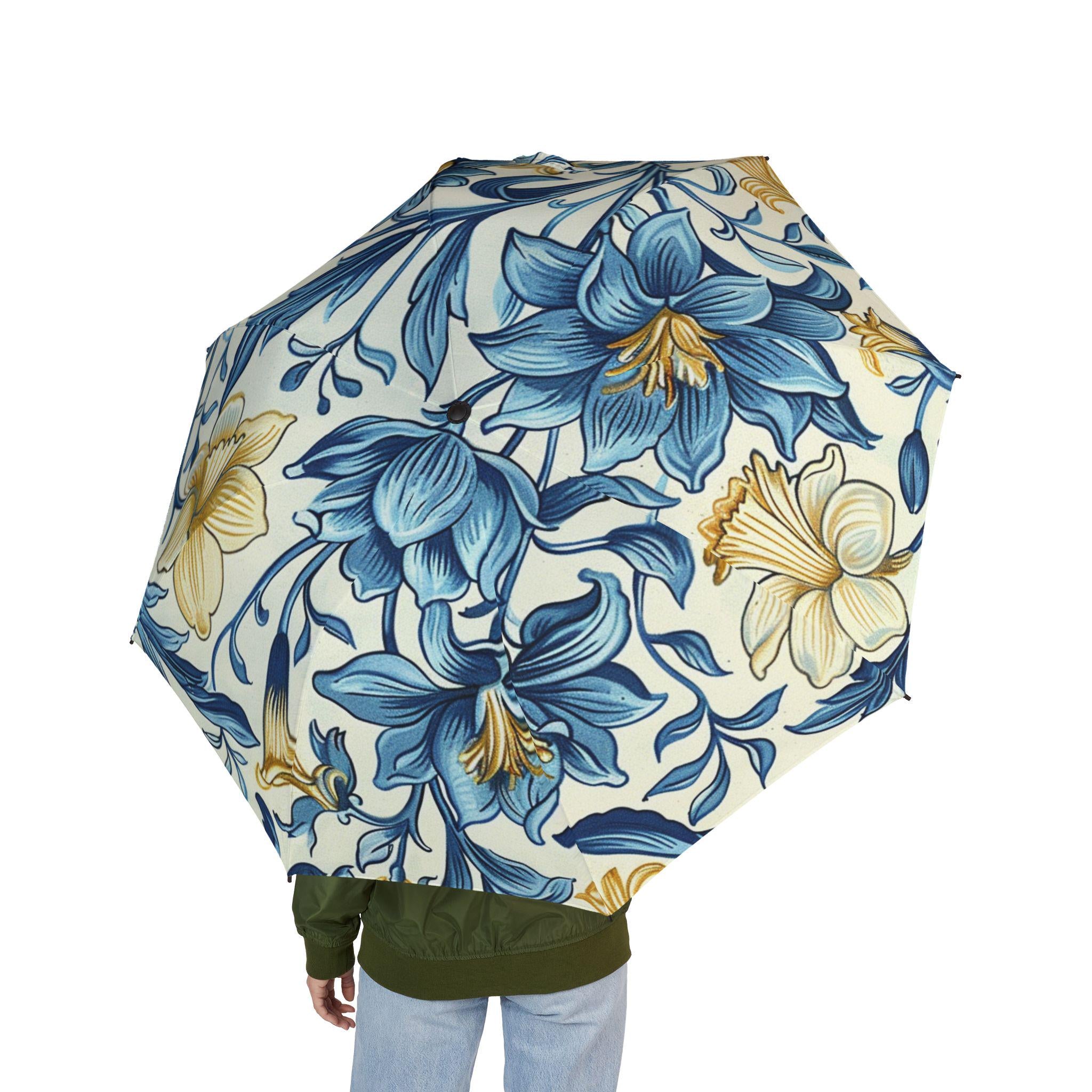 William Morris Blue Floral Foldable Umbrella | Patterned Rain Parasol