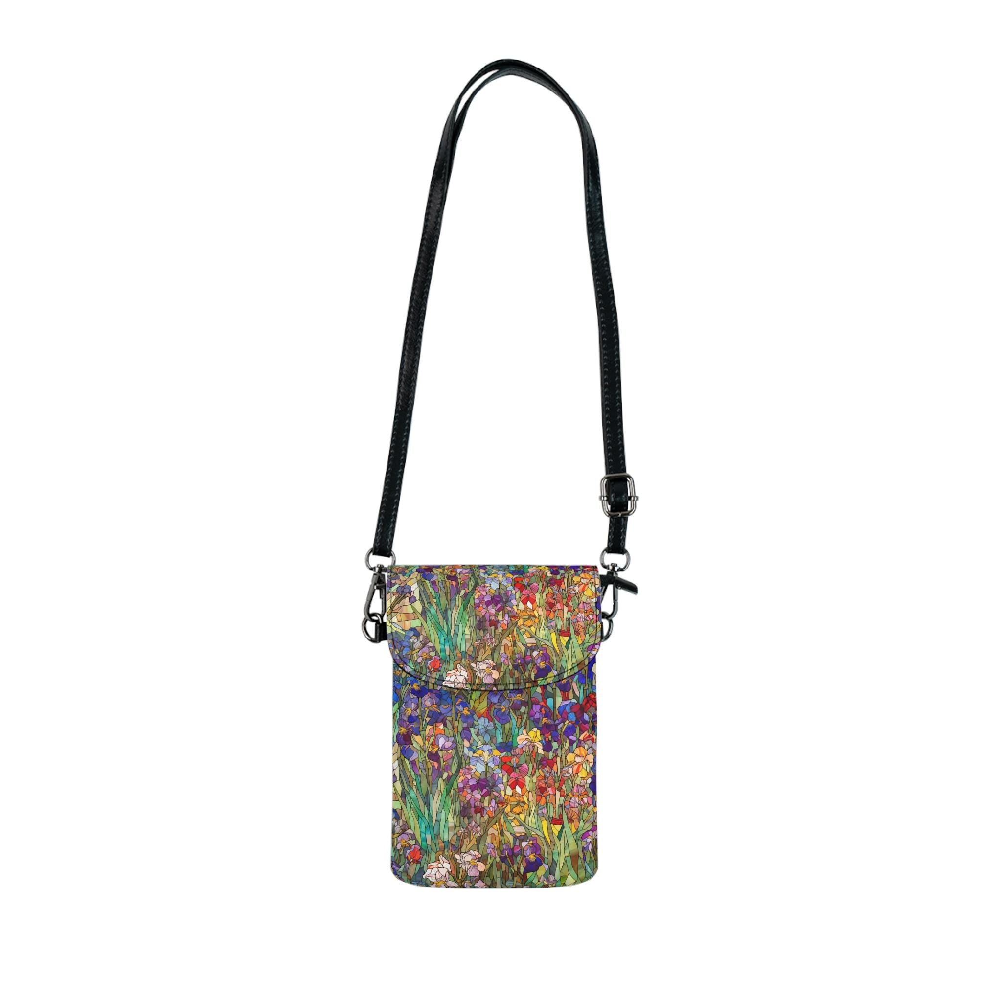 Monet Iris Small Cell Phone Purse, Artful Impressionist Floral Phone Crossbody Bag