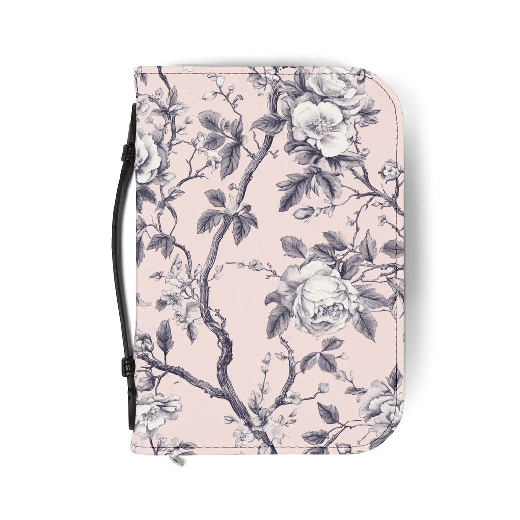 Pink White Botanical Toile Bible Cover | Floral Design | Christian Gift | Vegan Bible Case with Handle & Zipper | Bible Study Accessory