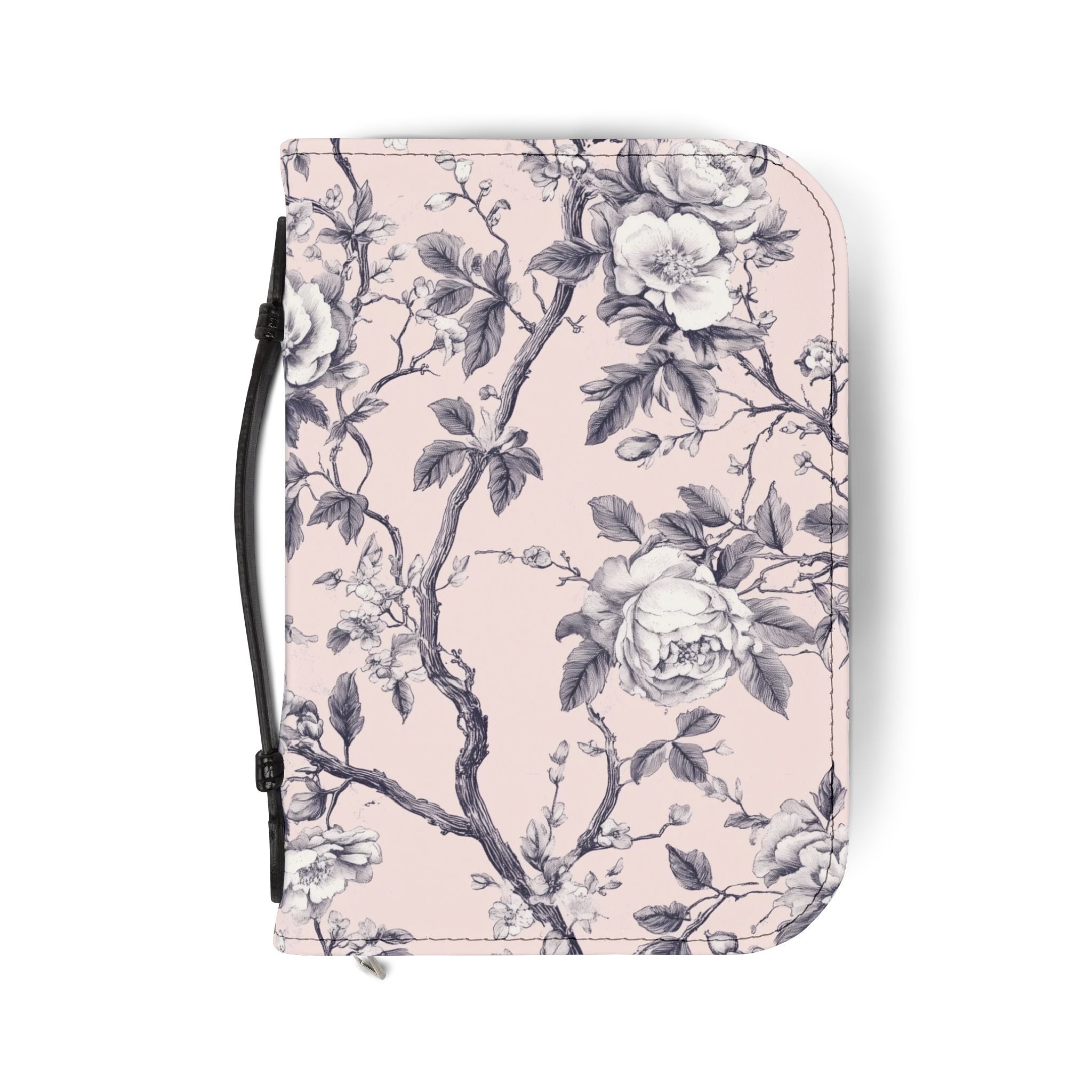 Pink White Botanical Toile Bible Cover | Floral Design | Christian Gift | Vegan Bible Case with Handle & Zipper | Bible Study Accessory