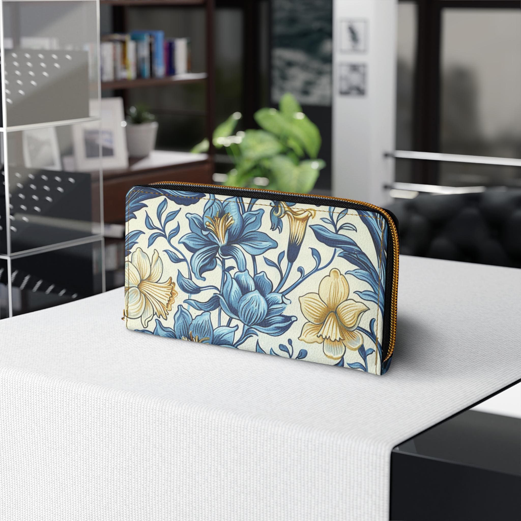 Blue William Morris Floral Pattern Zipper Wallet, Flower Clutch Coin Pouch